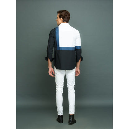 Echke White Shirt with Denim Square Detail and Black Part