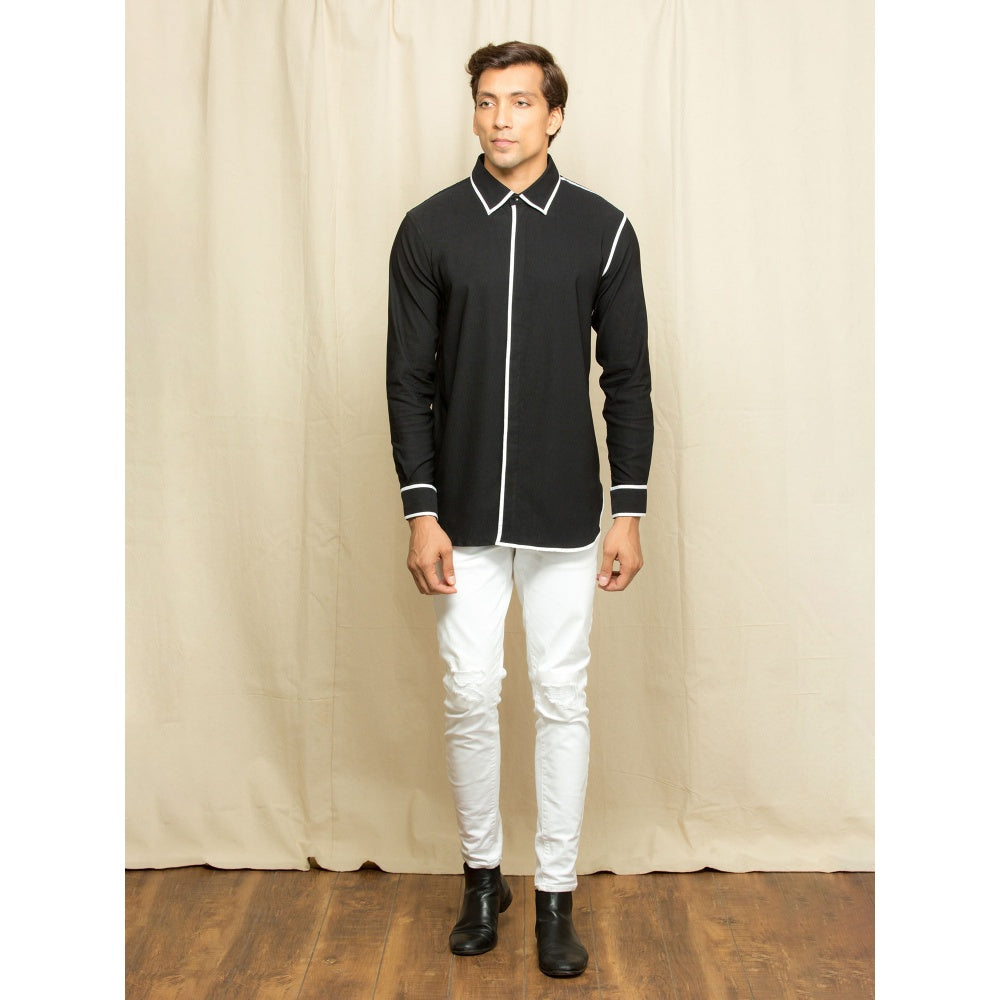 Echke Black Shirt with White Piping on Collar Placket and Sleeves