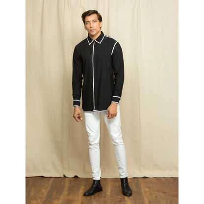 Echke Black Shirt with White Piping on Collar Placket and Sleeves