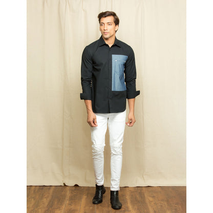 Echke Black Shirt with Rectangular Denim Patch with Denim Pocket