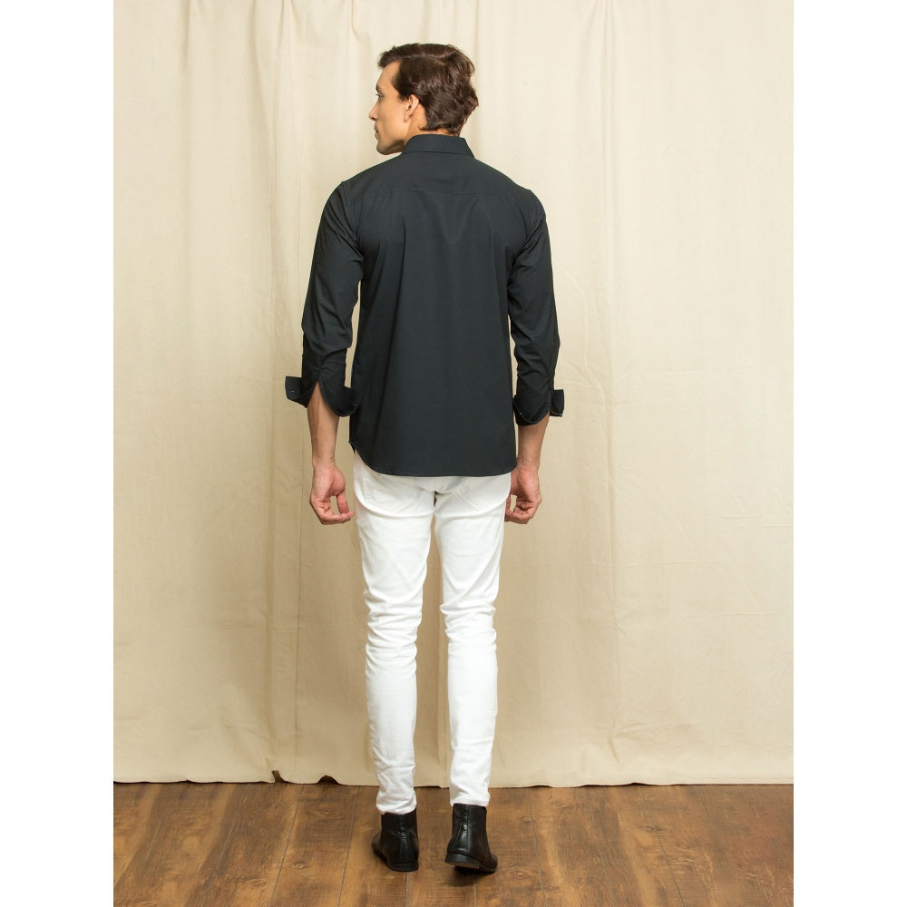 Echke Black Shirt with Rectangular Denim Patch with Denim Pocket