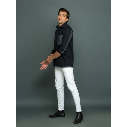 Echke Black Shirt with Gray Denim Pocket and Gray Denim 1/4 Sleeve Patch