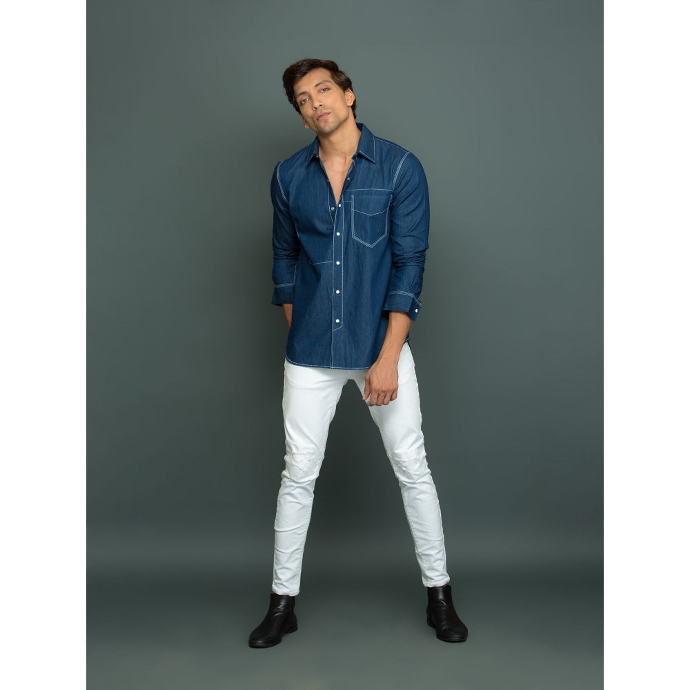 Echke Blue Denim with White Press Button Pocket with White Stitch Detailing