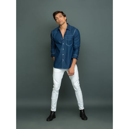 Echke Blue Denim with White Press Button Pocket with White Stitch Detailing