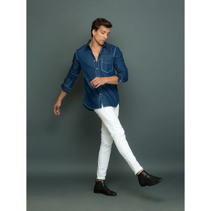 Echke Blue Denim with White Press Button Pocket with White Stitch Detailing