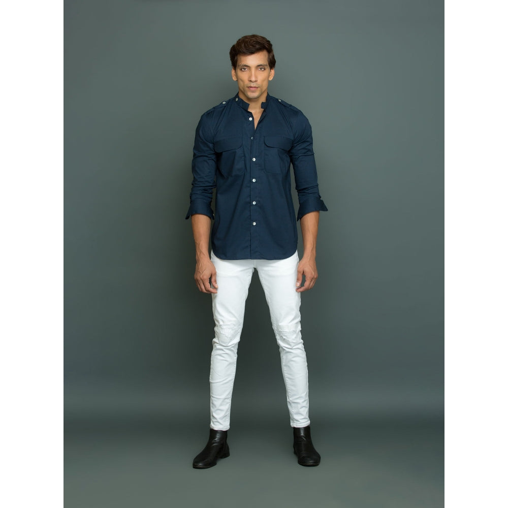 Echke Blue Shirt with Double Pocket Flaps Lapels and Chinese Collar