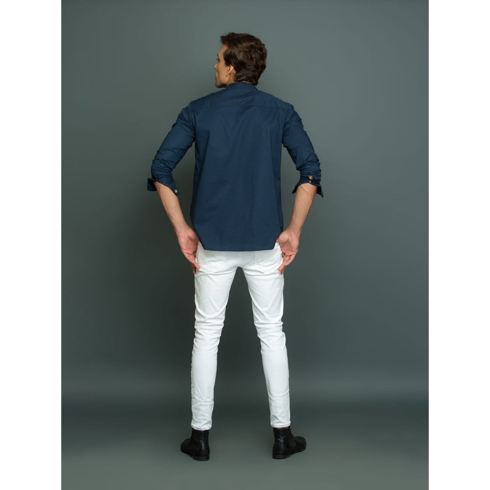 Echke Blue Shirt with Double Pocket Flaps Lapels and Chinese Collar