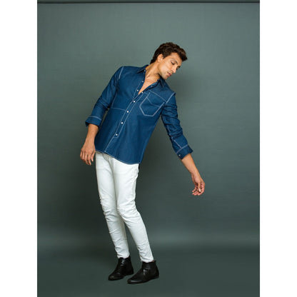 Echke Light Blue White Press Button Shirt with Reverse Pocket and Shoulder Feature