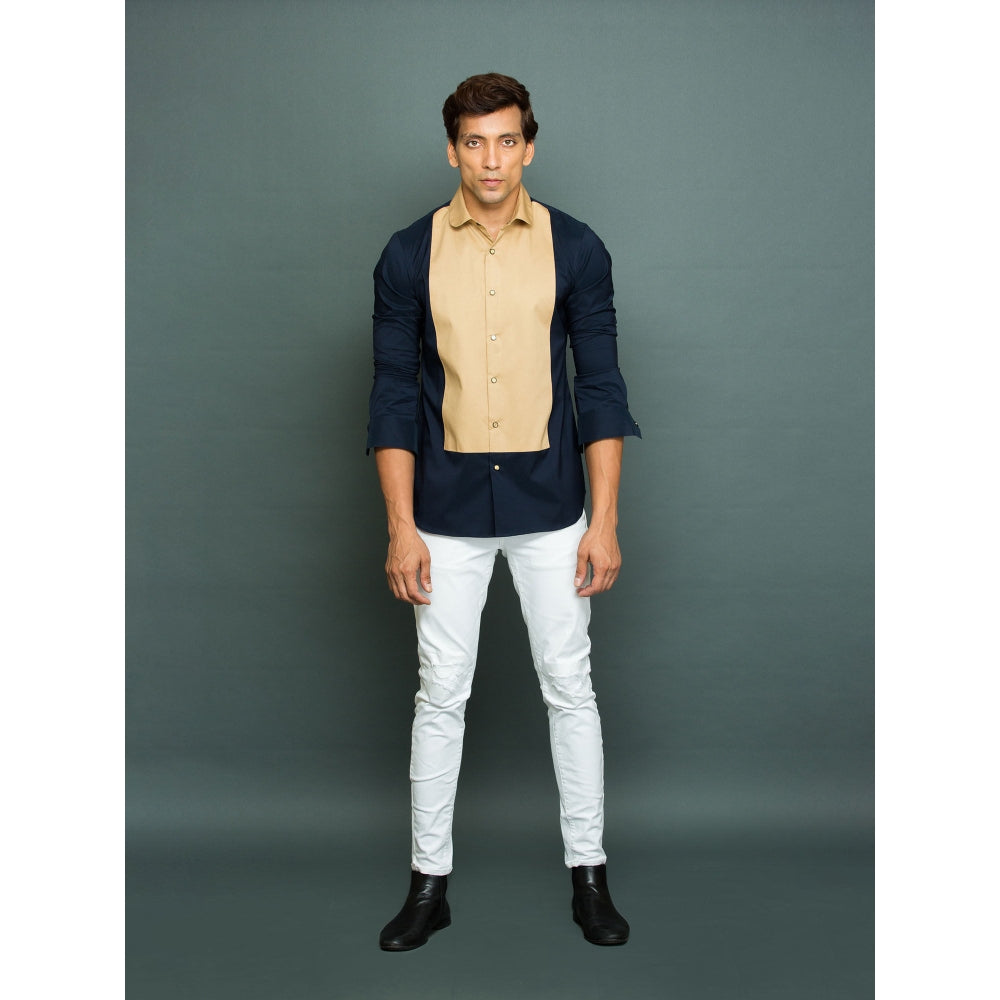 Echke Blue Shirt with Khakhi Long Front Patch and Rounded Collar