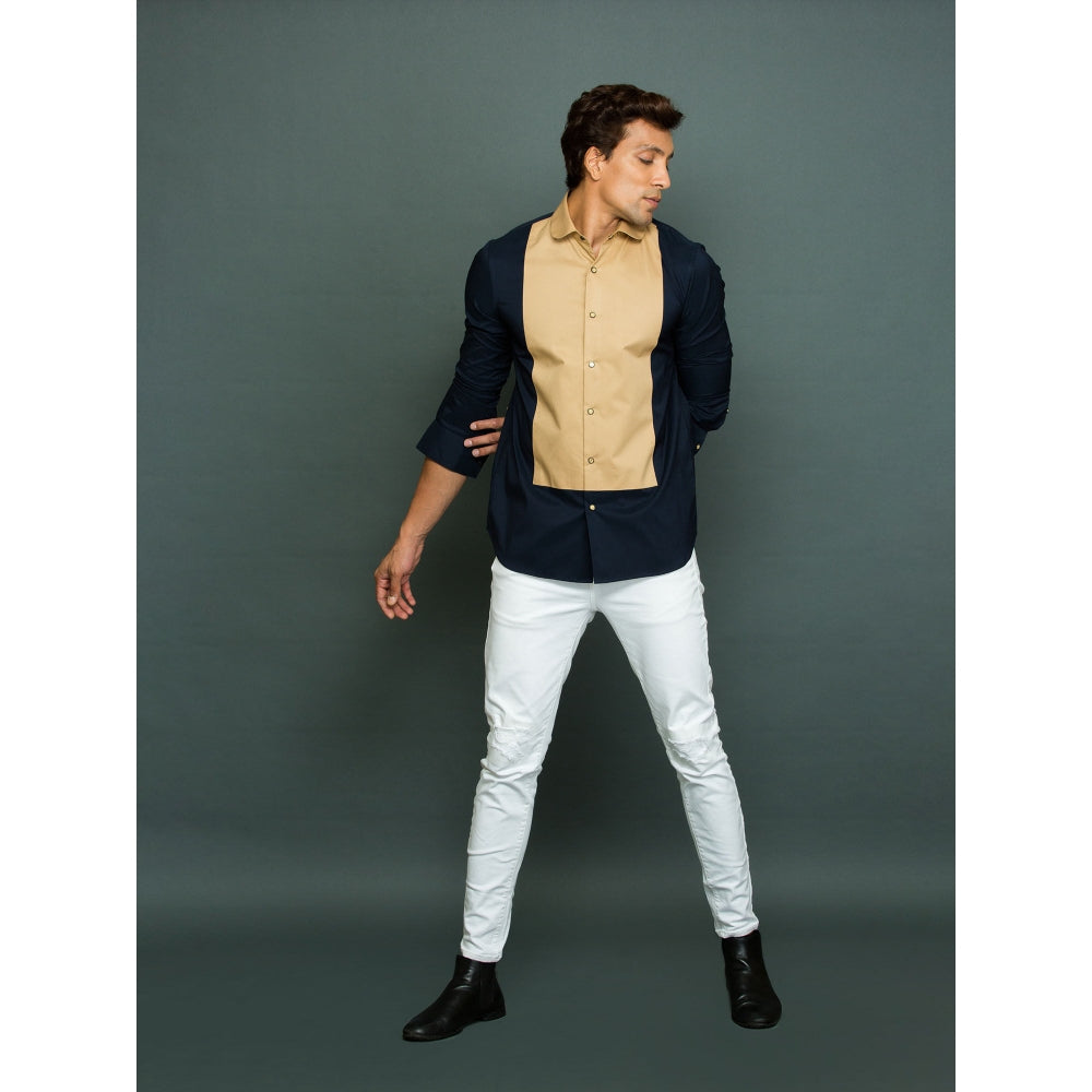 Echke Blue Shirt with Khakhi Long Front Patch and Rounded Collar