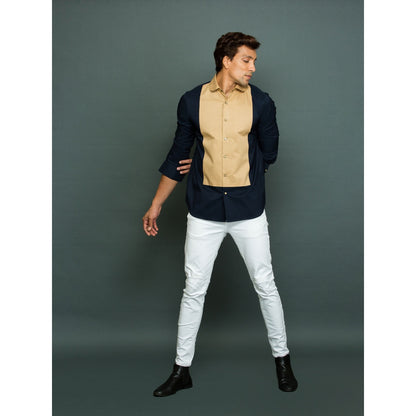Echke Blue Shirt with Khakhi Long Front Patch and Rounded Collar