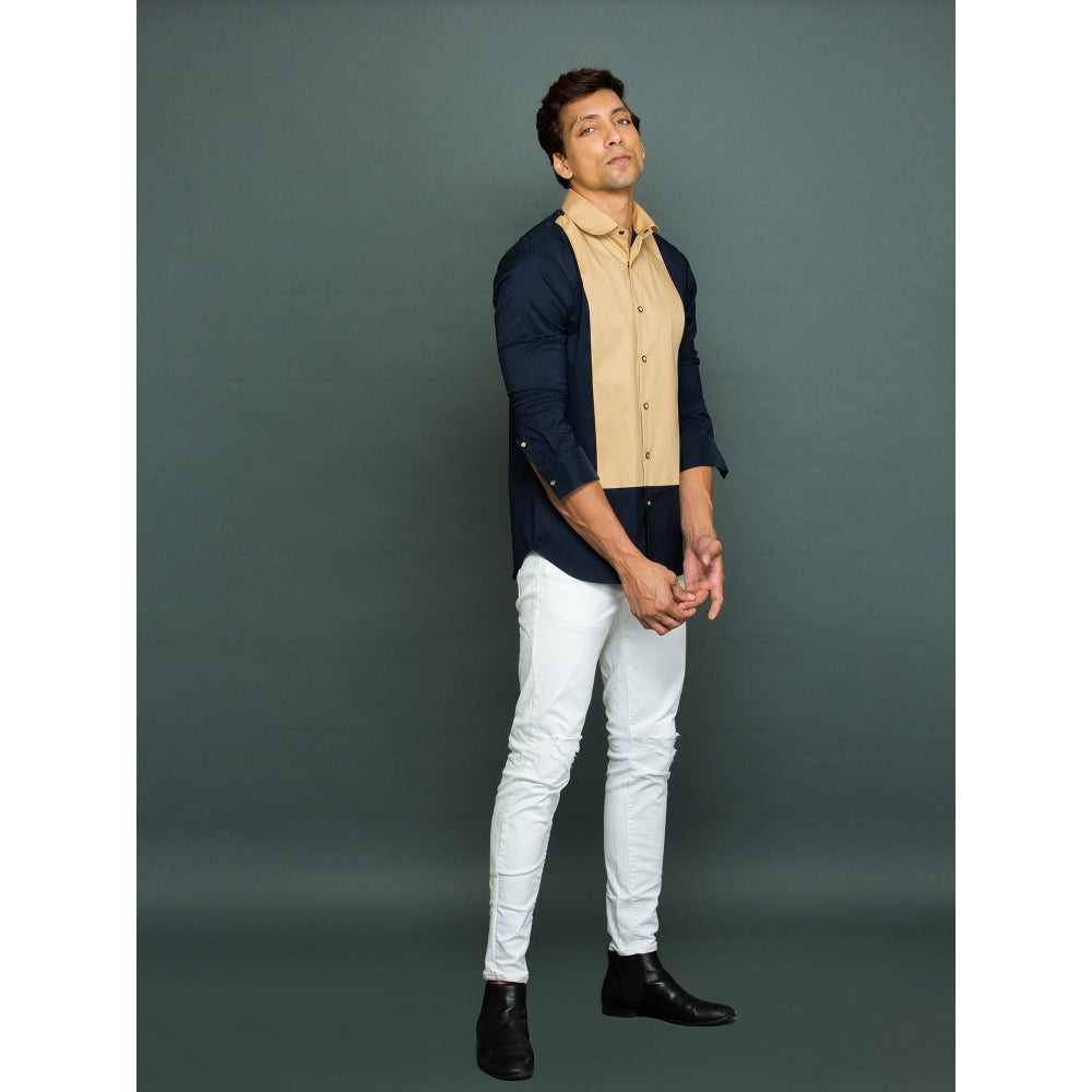 Echke Blue Shirt with Khakhi Long Front Patch and Rounded Collar