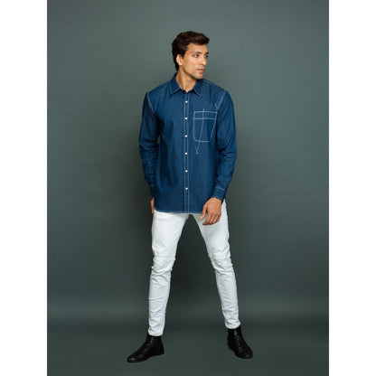 Echke Denim Shirt with Large Pocket and Abstract White Stitching