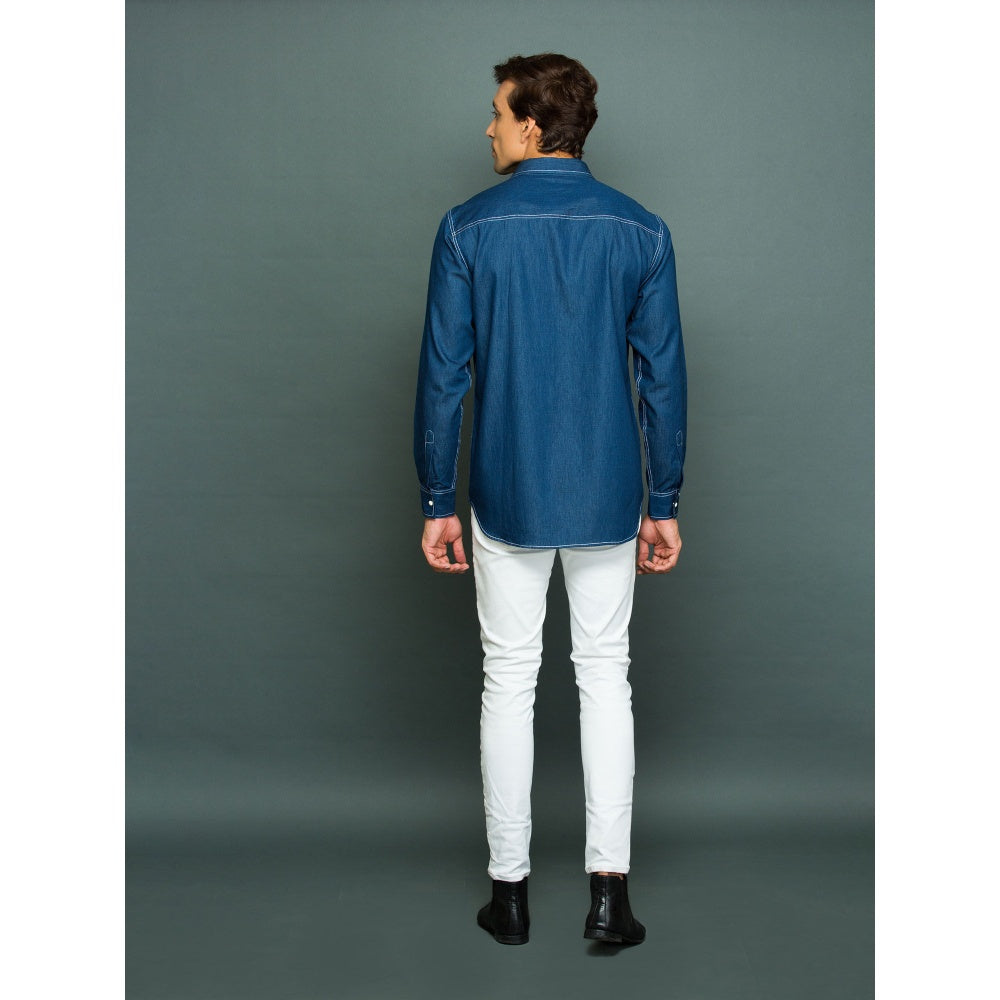 Echke Denim Shirt with Large Pocket and Abstract White Stitching