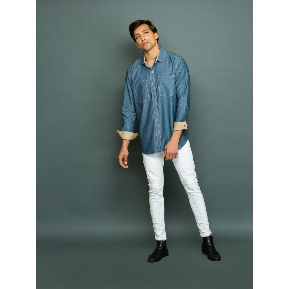 Echke Light Denim Shirt with Khakhi Facing Twin Collar