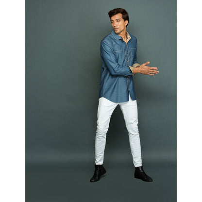 Echke Light Denim Shirt with Khakhi Facing Twin Collar