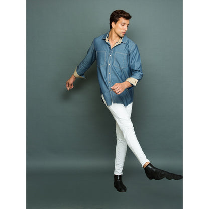 Echke Light Denim Shirt with Khakhi Facing Twin Collar