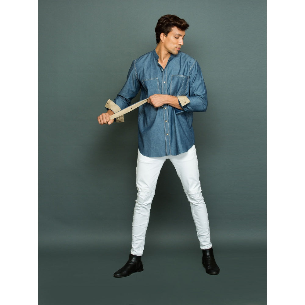 Echke Light Denim Shirt with Khakhi Facing Twin Collar