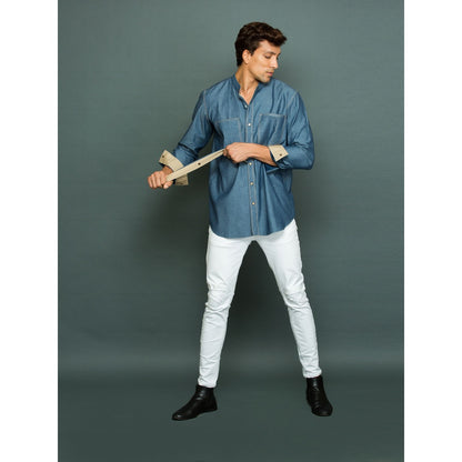 Echke Light Denim Shirt with Khakhi Facing Twin Collar