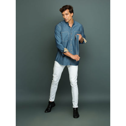 Echke Light Denim Shirt with Khakhi Facing Twin Collar