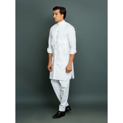Echke Front Pleated Patch of Pocket White Co-Ord (Set of 2)