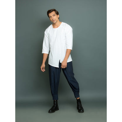 Echke Linen Co-Ord White and Blue with Assymetric Top (Set of 2)