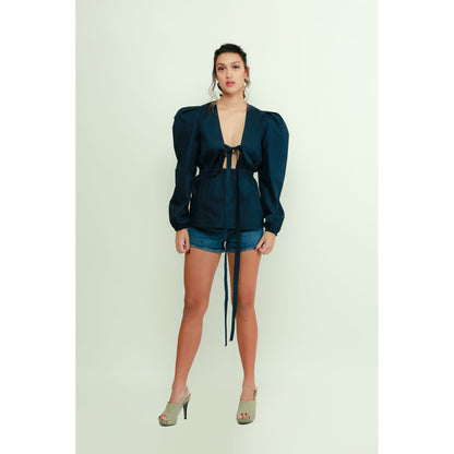 Echke Tie-Up Top With Balloon Sleeves