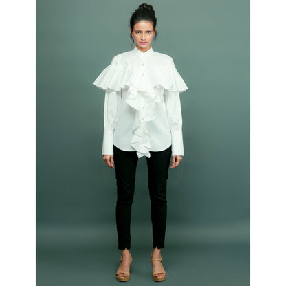 Echke Chinese Collar Shirt With Ruffles
