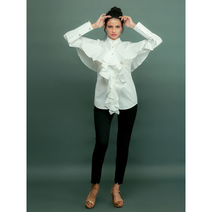 Echke Chinese Collar Shirt With Ruffles
