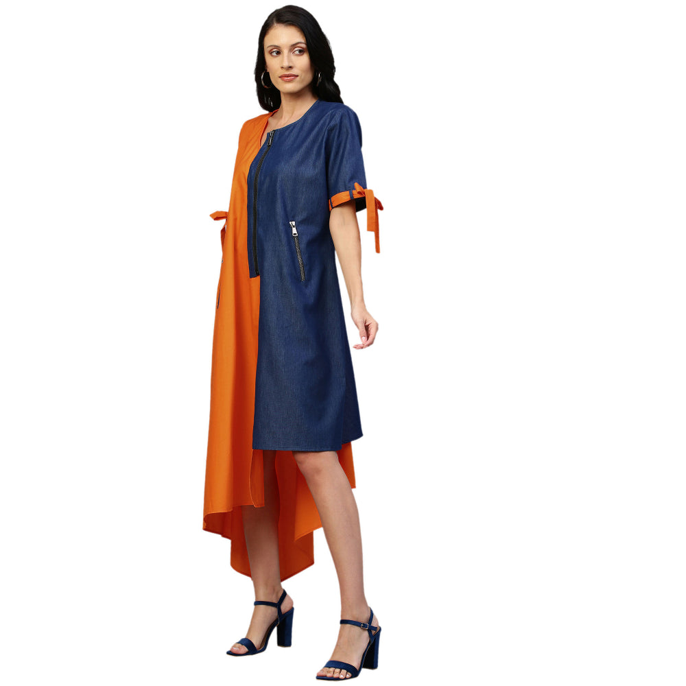 Echke Asymmetric Hem Dress With Tie-Up Feature On Sleeves
