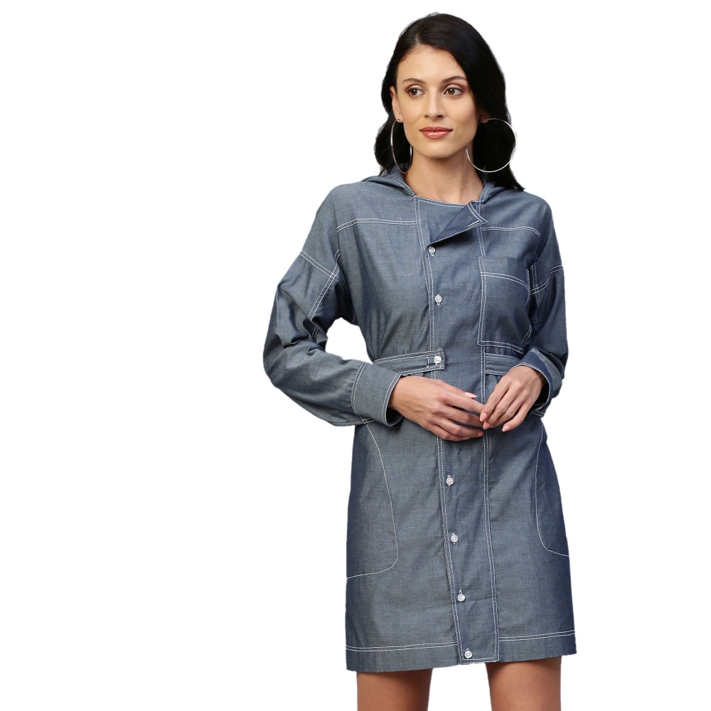Echke Double Breasted Shirt Dress With Hoodie