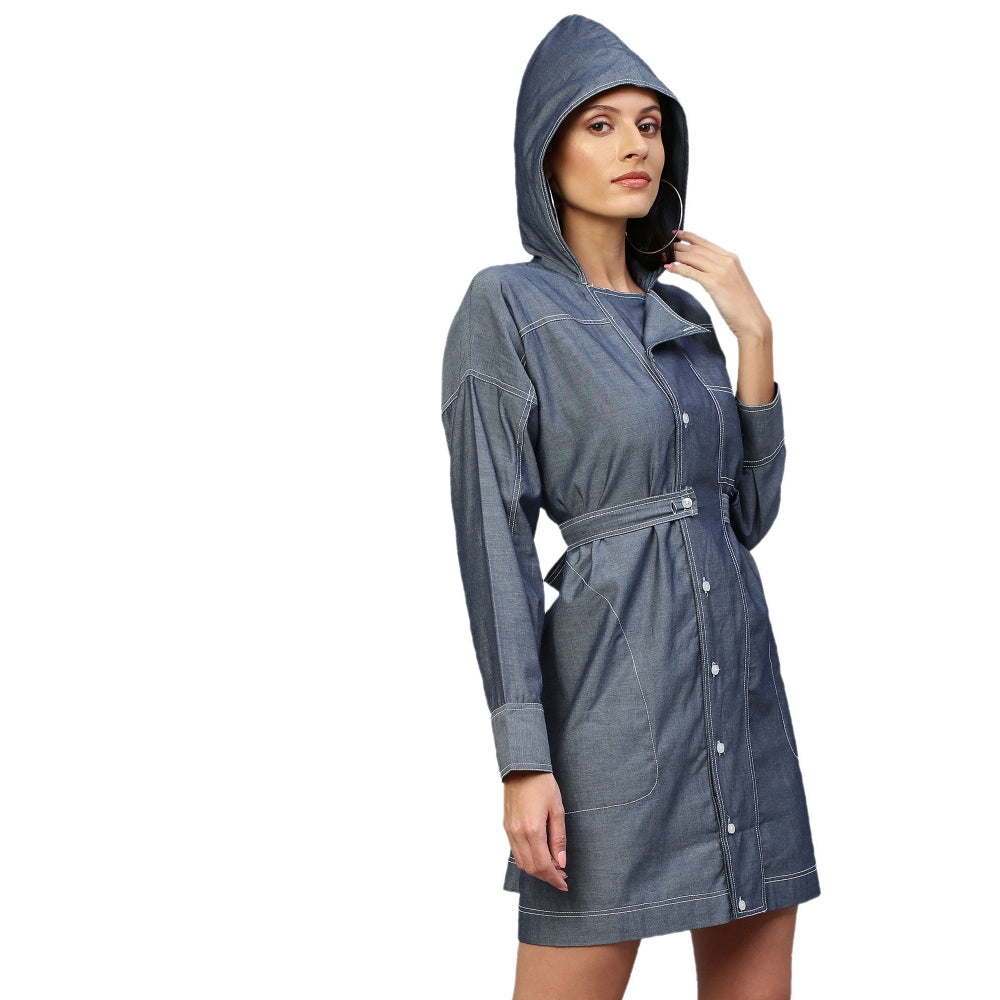 Echke Double Breasted Shirt Dress With Hoodie