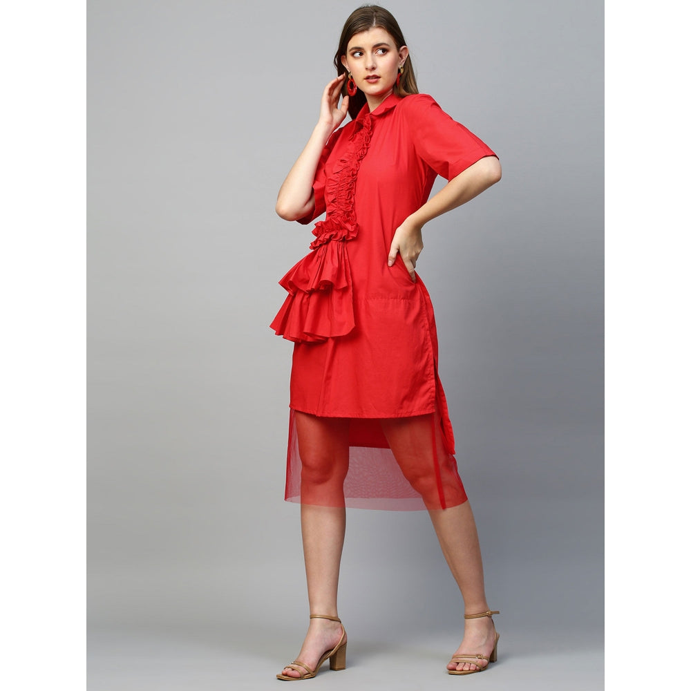 Echke Dress With Placket Ruffle and Net Bottom