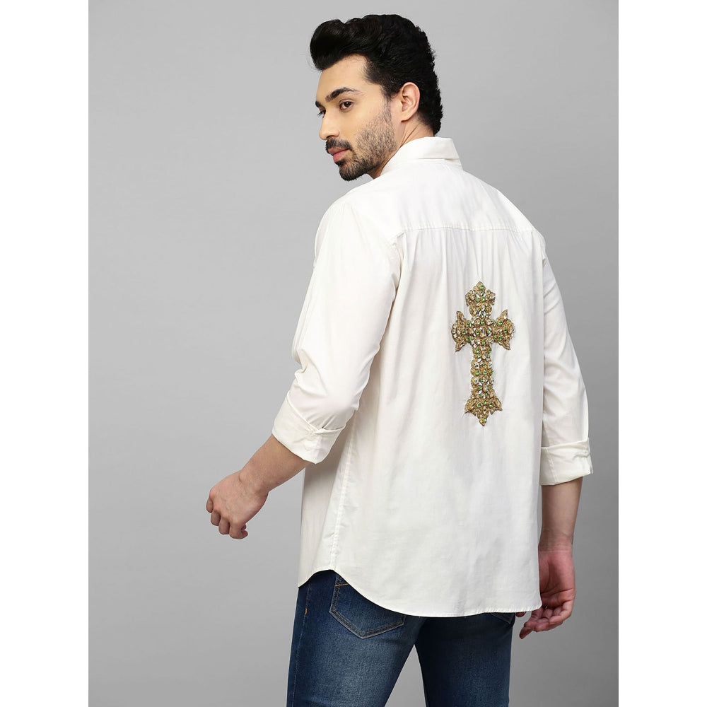 Echke White Shirt with Neon Zip Detail and Cross Embellishment on The Back