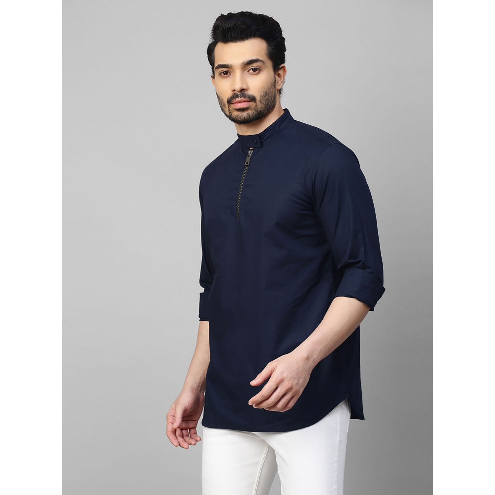 Echke Dark Blue Shirt with Mandarin Collar and Placket Zipper Feature