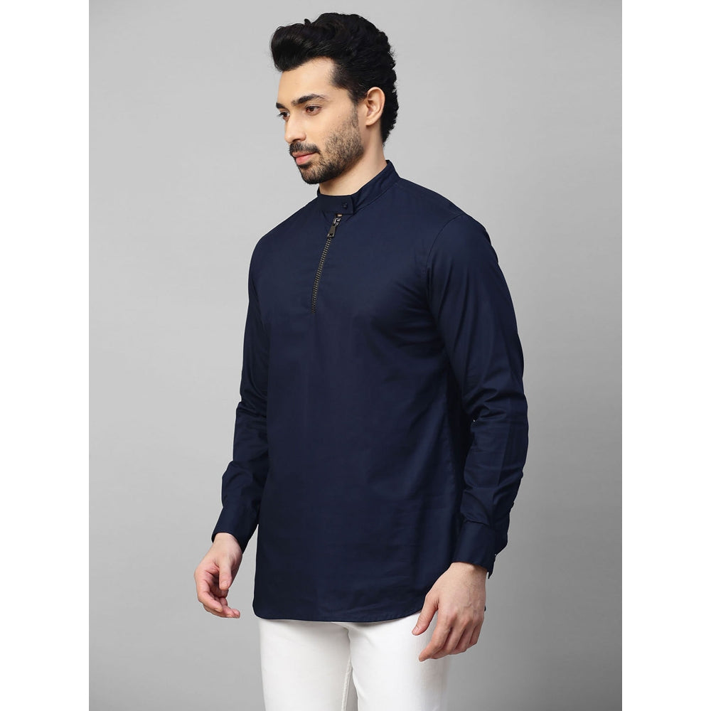 Echke Dark Blue Shirt with Mandarin Collar and Placket Zipper Feature