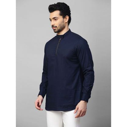 Echke Dark Blue Shirt with Mandarin Collar and Placket Zipper Feature