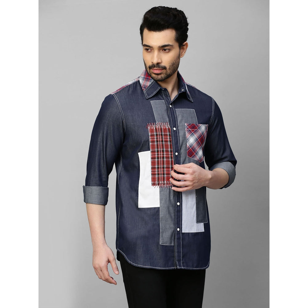 Echke Denim Shirt with White and Checks Patchwork