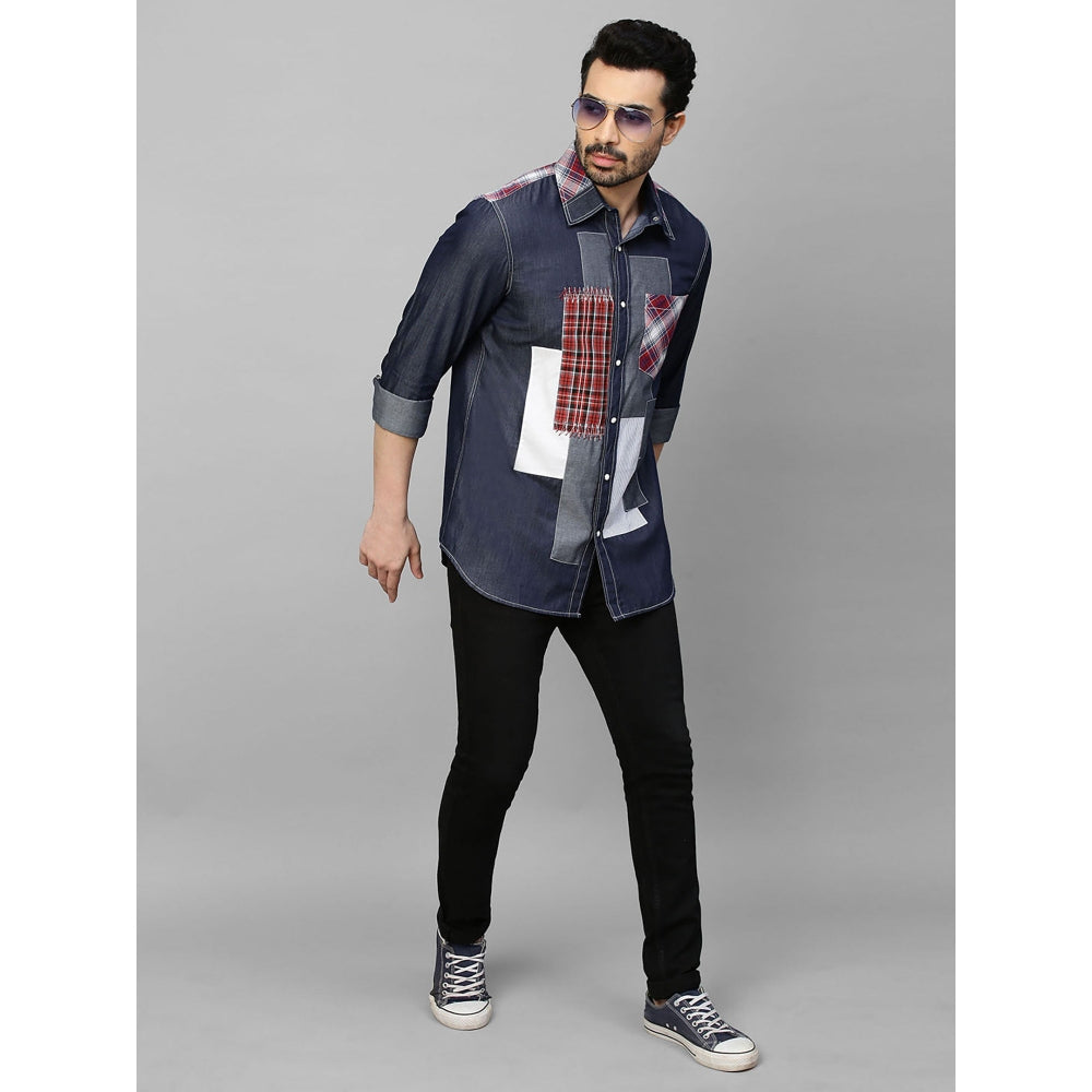 Echke Denim Shirt with White and Checks Patchwork