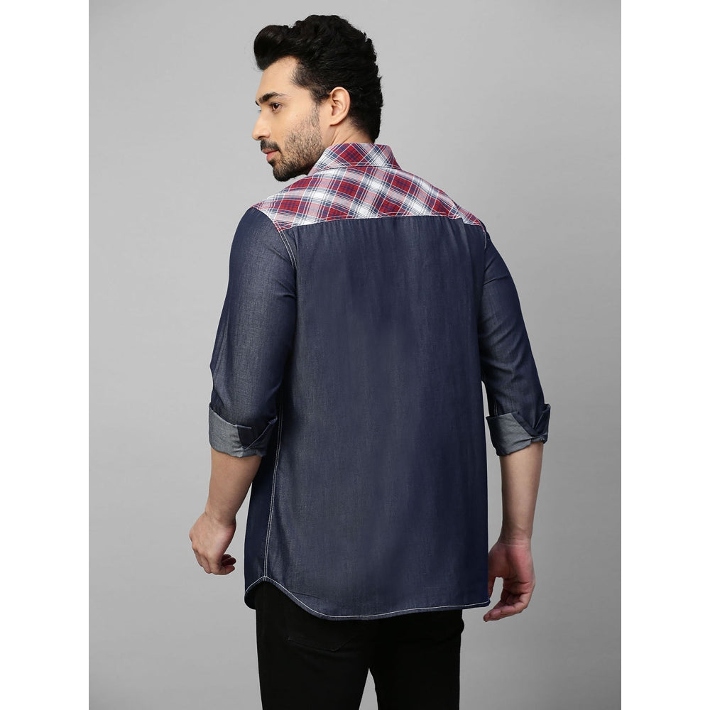 Echke Denim Shirt with White and Checks Patchwork