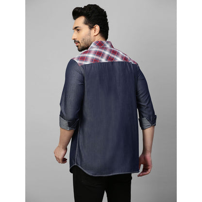 Echke Denim Shirt with White and Checks Patchwork