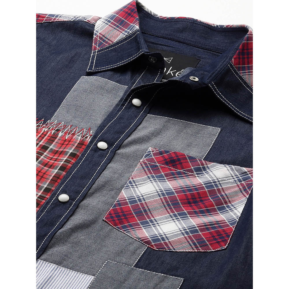 Echke Denim Shirt with White and Checks Patchwork