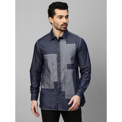 Echke Denim Shirt with Light Denim Rectangular Patchwork on Chest