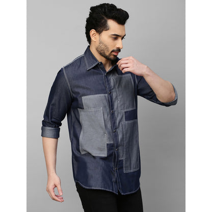 Echke Denim Shirt with Light Denim Rectangular Patchwork on Chest