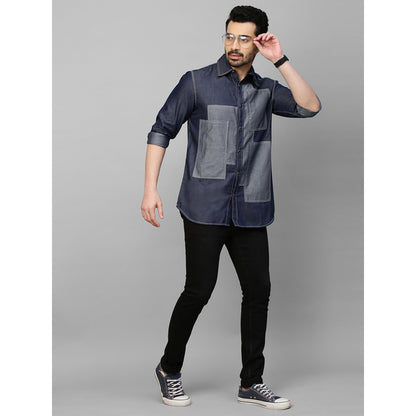 Echke Denim Shirt with Light Denim Rectangular Patchwork on Chest