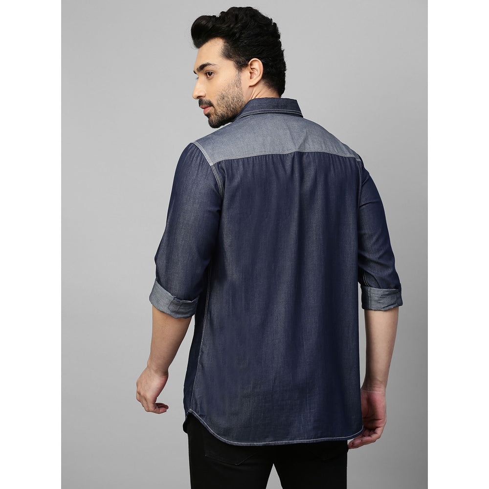 Echke Denim Shirt with Light Denim Rectangular Patchwork on Chest