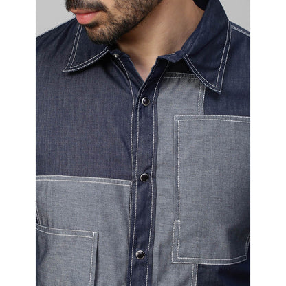 Echke Denim Shirt with Light Denim Rectangular Patchwork on Chest