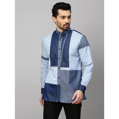 Echke Blue Shirt with Chinese Collar and Denim Patchwork