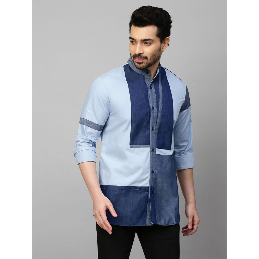 Echke Blue Shirt with Chinese Collar and Denim Patchwork