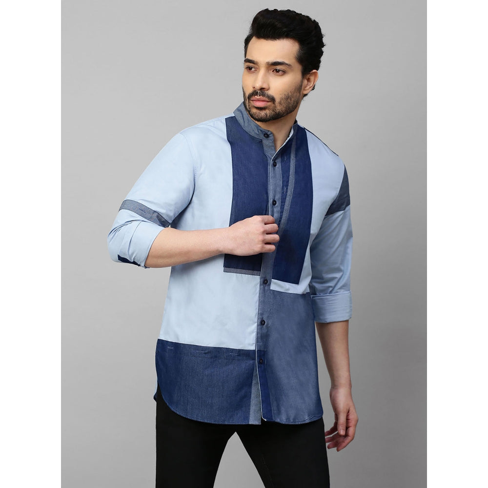 Echke Blue Shirt with Chinese Collar and Denim Patchwork